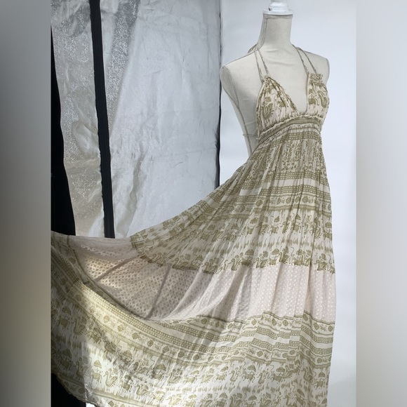 Free People Dresses & Skirts - Free People Backless Elegant Green and Cream Halter Maxi Dress